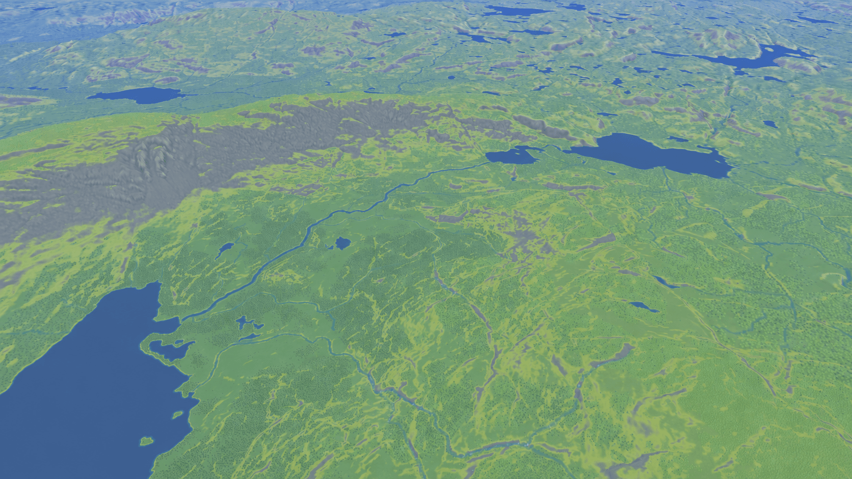 An elevated Terraform view showing a crater, rivers, and lakes