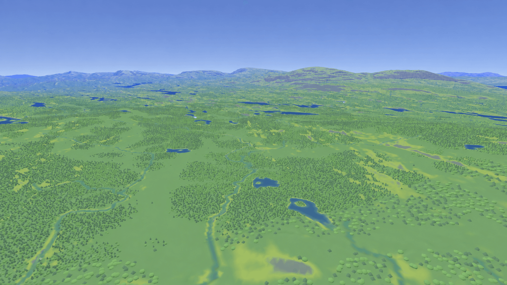 A broad Terraform valley with forests, lakes, and mountains