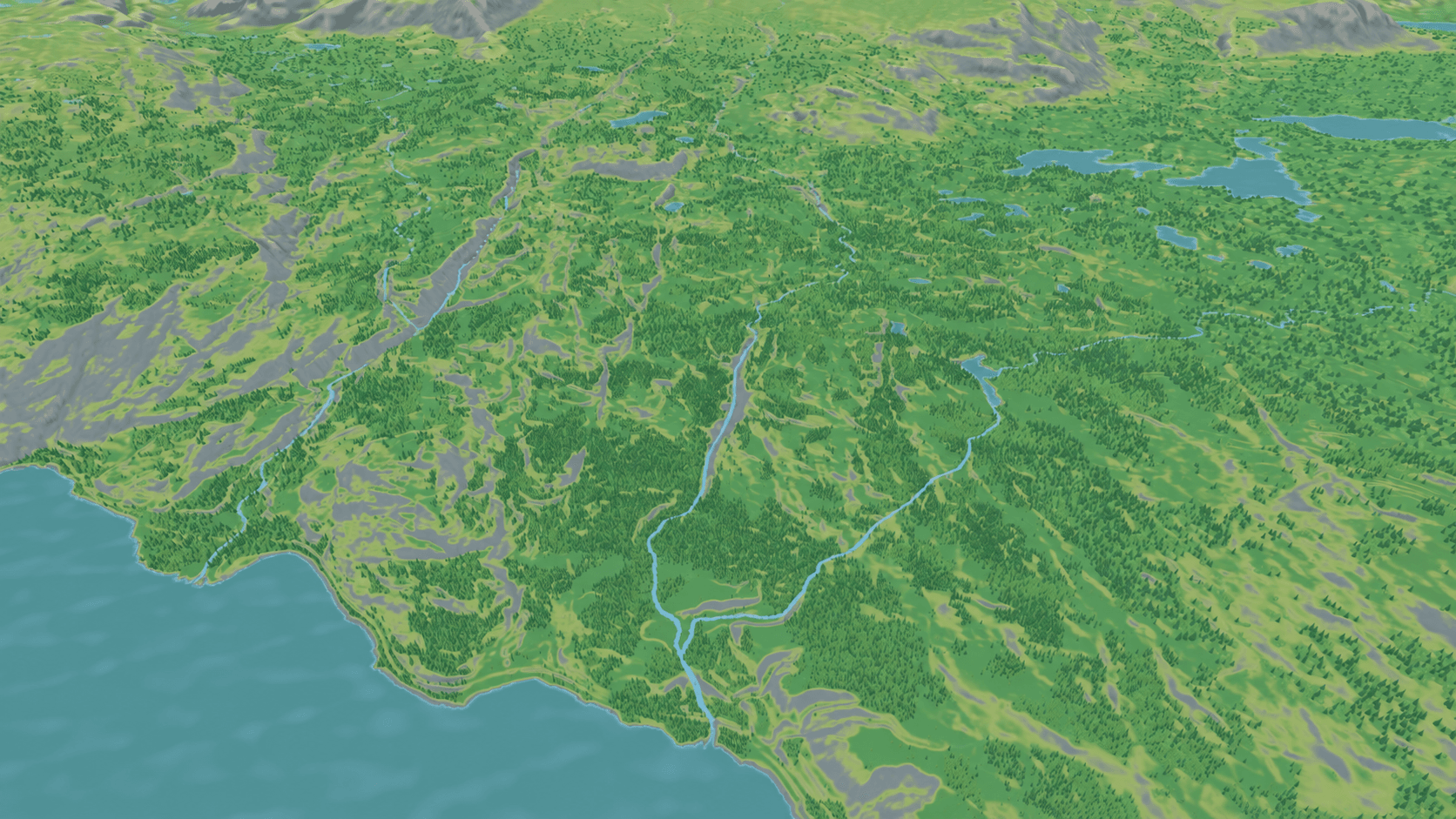 Terraform landscape showing connected lakes, rivers, and a coastline