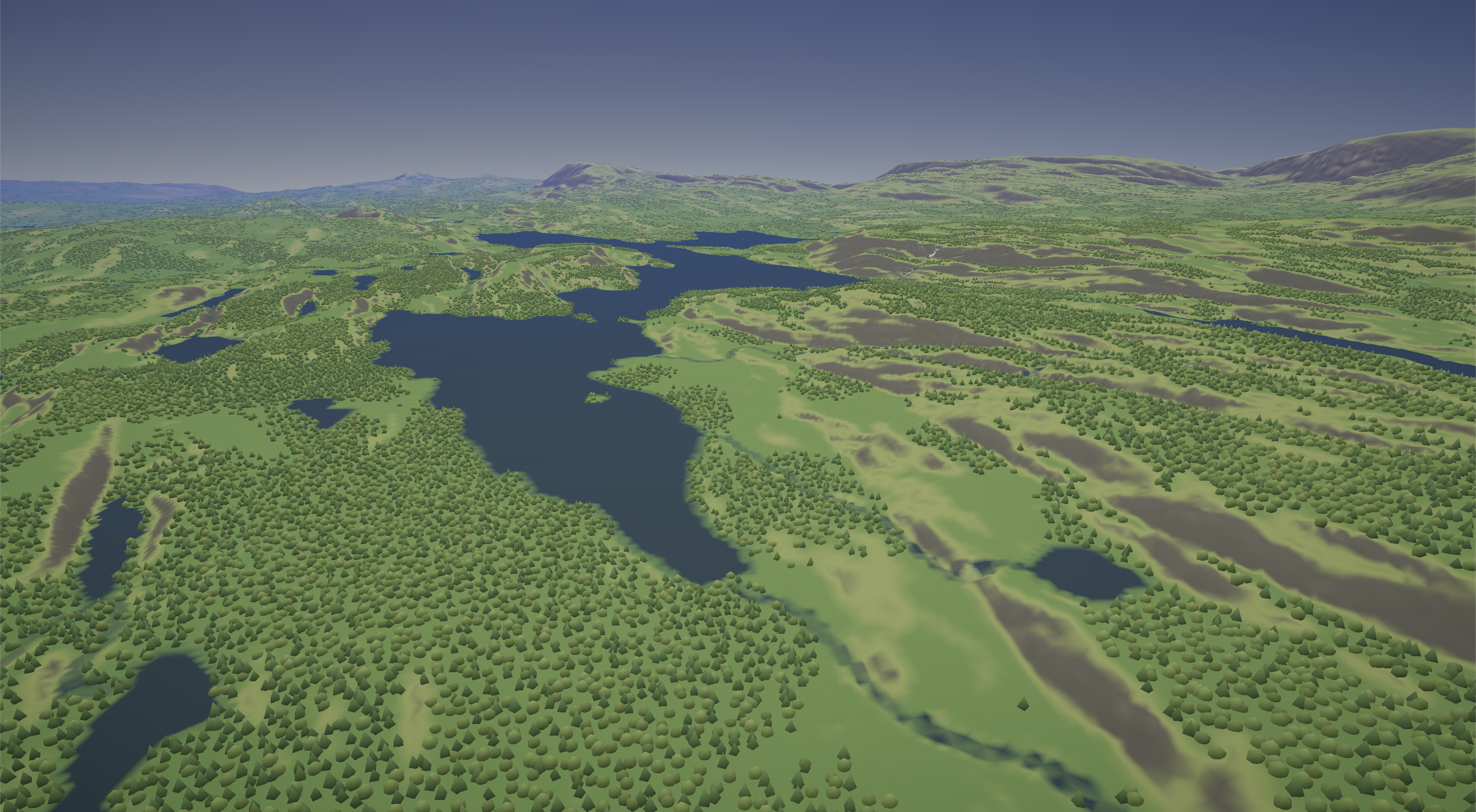 A Terraform landscape with interconnected lakes and forested hills