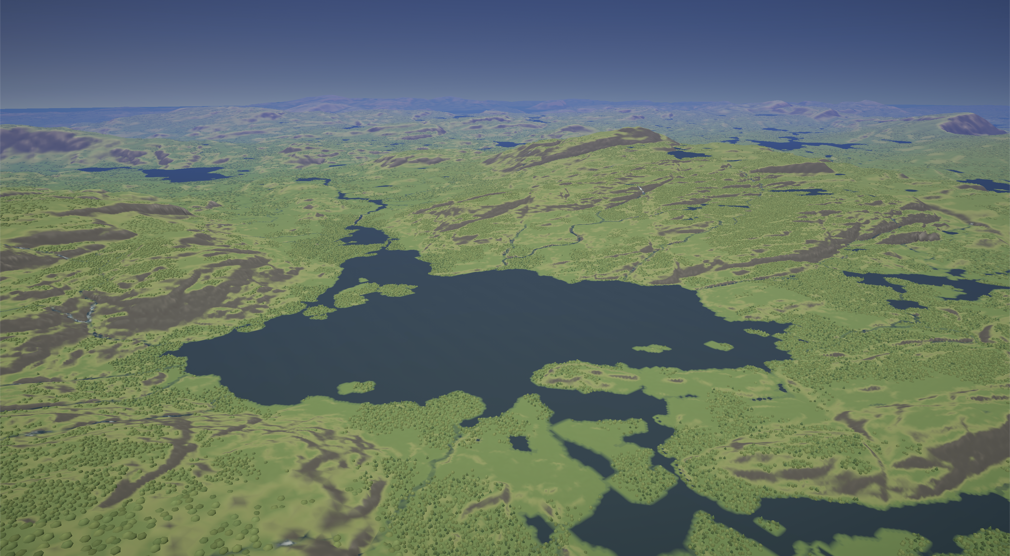A broad lake basin surrounded by forests, rivers, and rolling hills