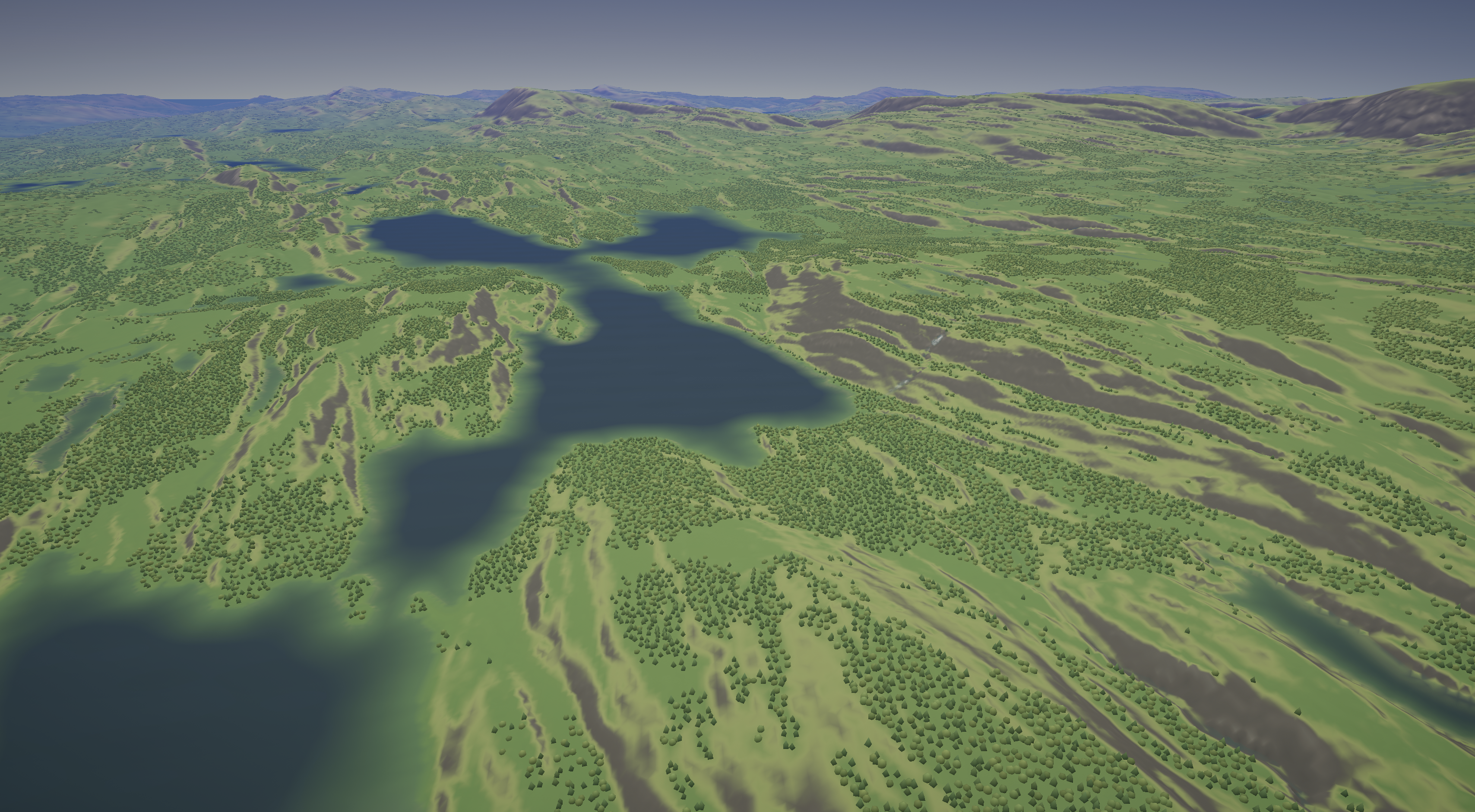 Terraform landscape with interconnected lakes, forests, and rolling hills