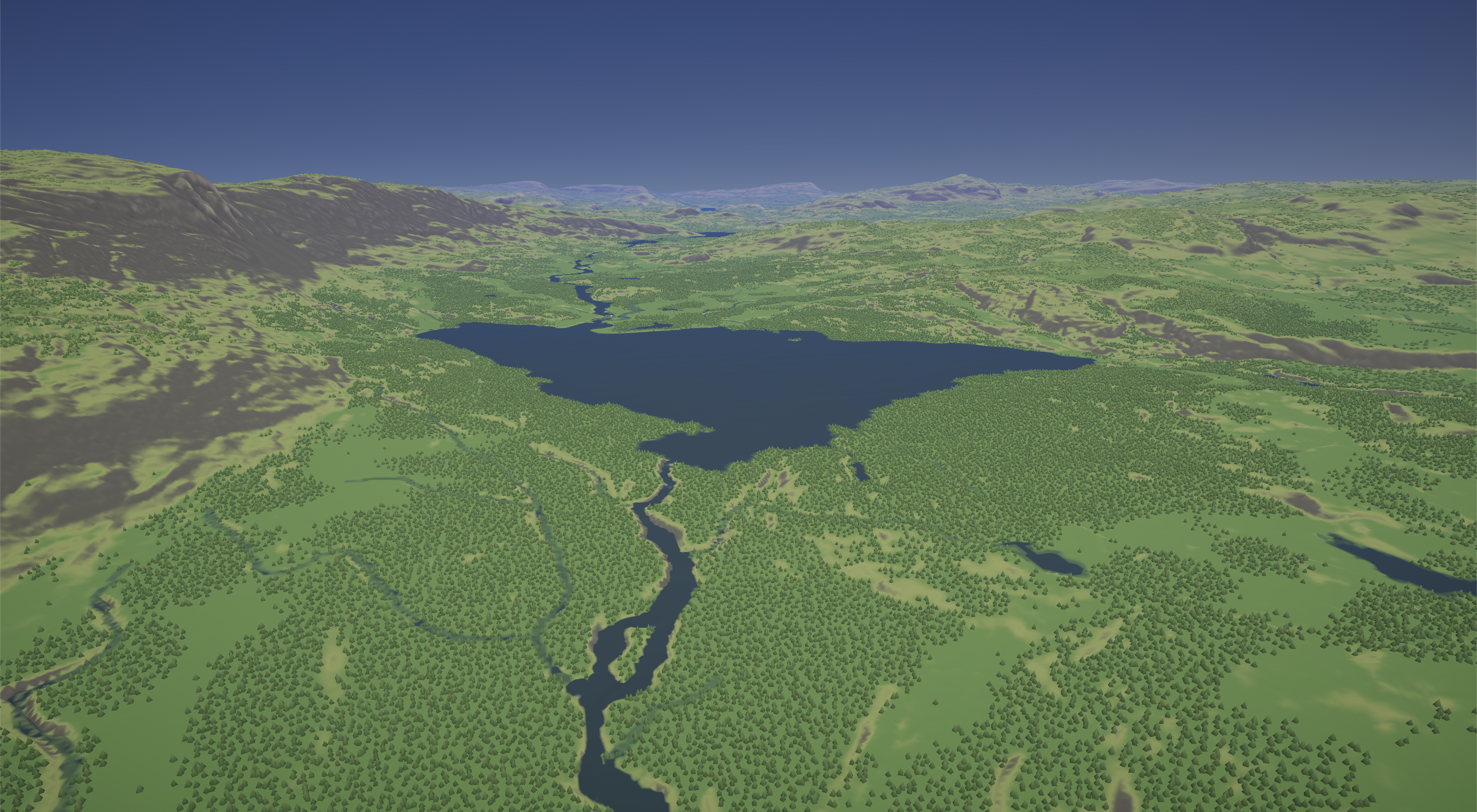 A large Terraform landscape with a winding river running through forested terrain