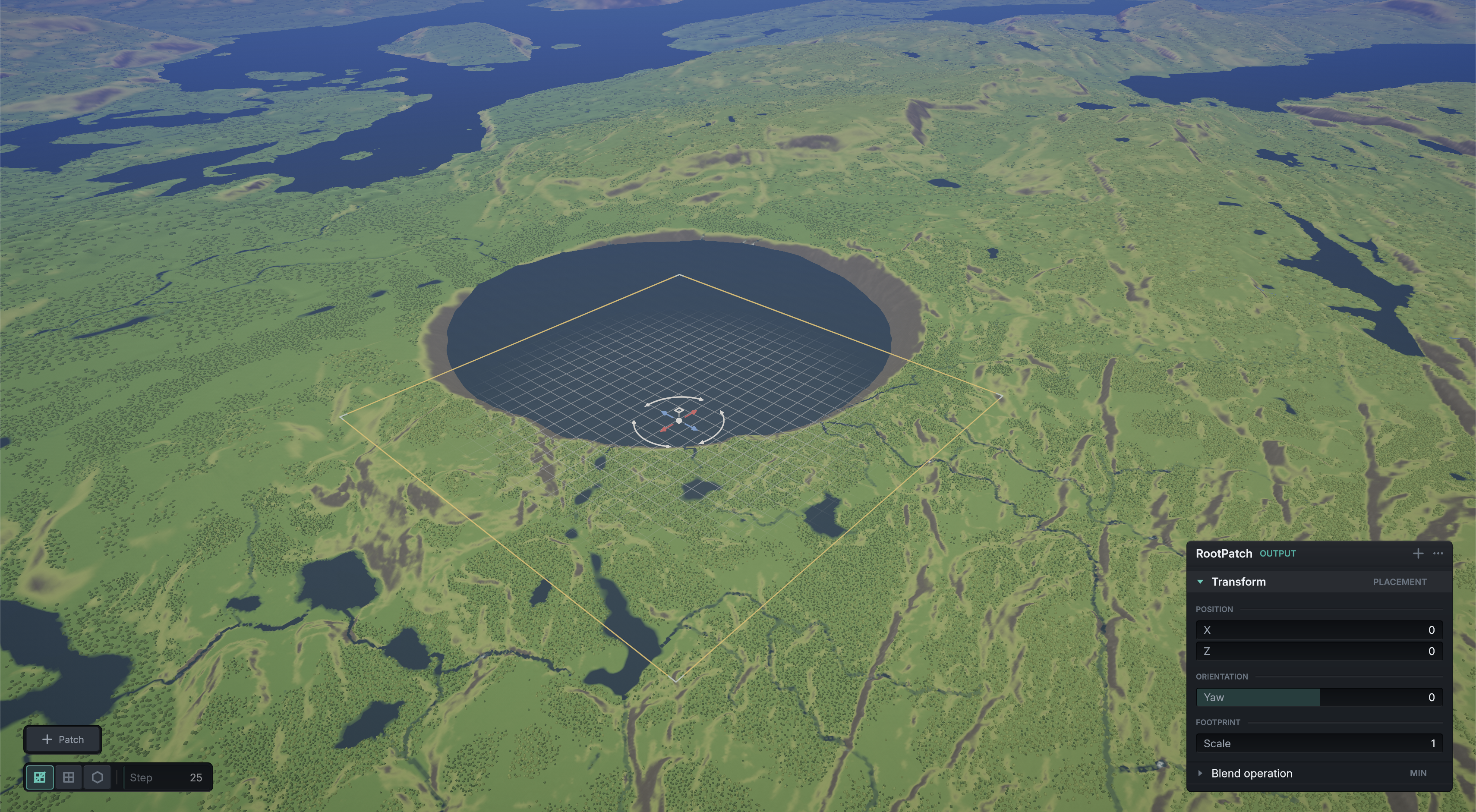 Terraform in layer edit mode with a selected patch, transform controls, and a terrain editing panel
