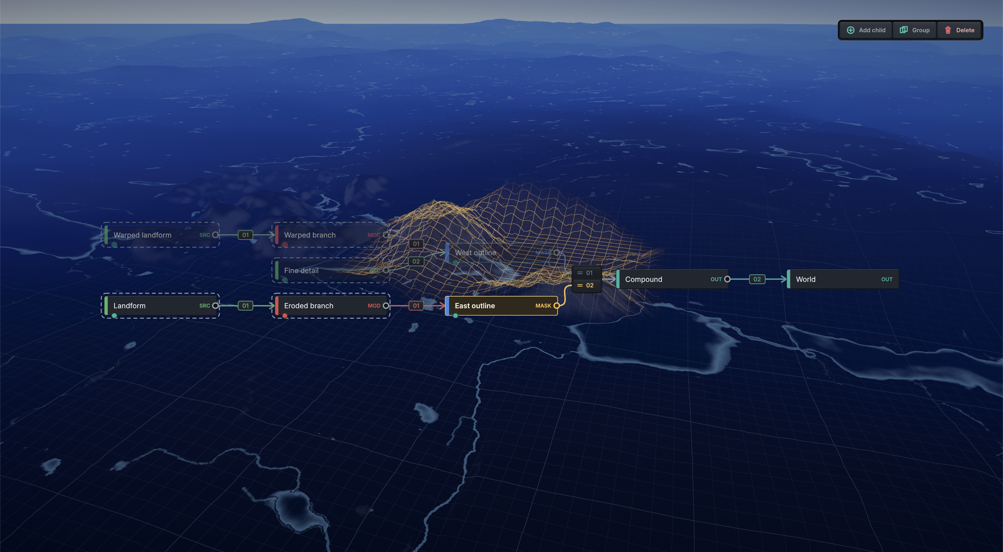 Terraform graph view for managing the layer hierarchy of patches, with connected landform, modifier, mask, and output nodes