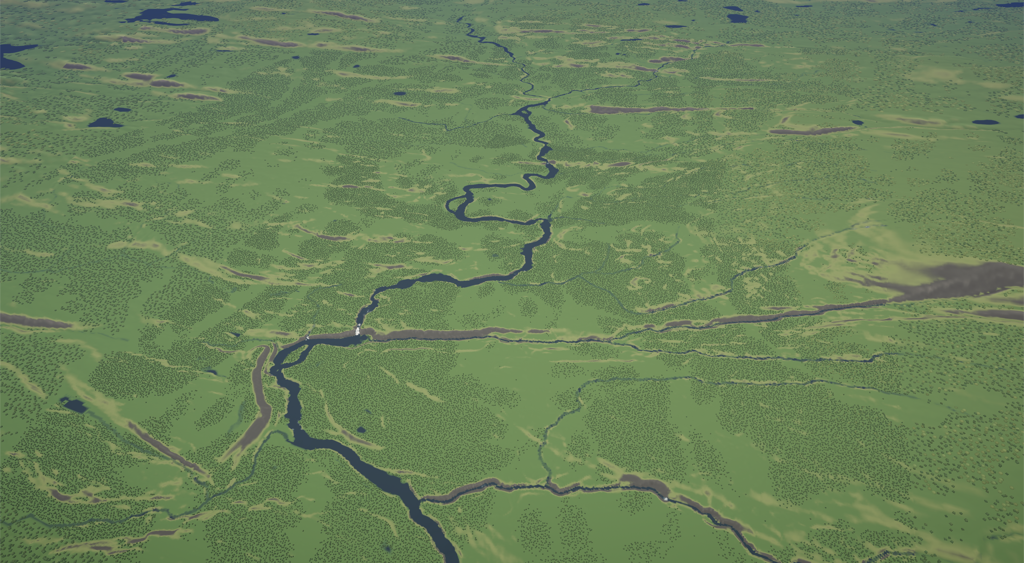 A forested Terraform valley with a lake and winding river stretching toward the horizon