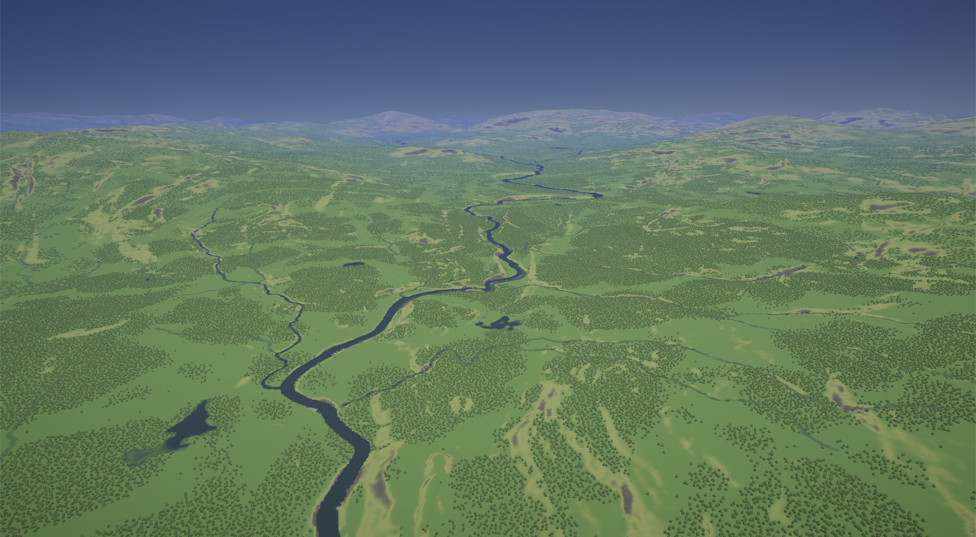 Terraform landscape with winding rivers and forests seen from above