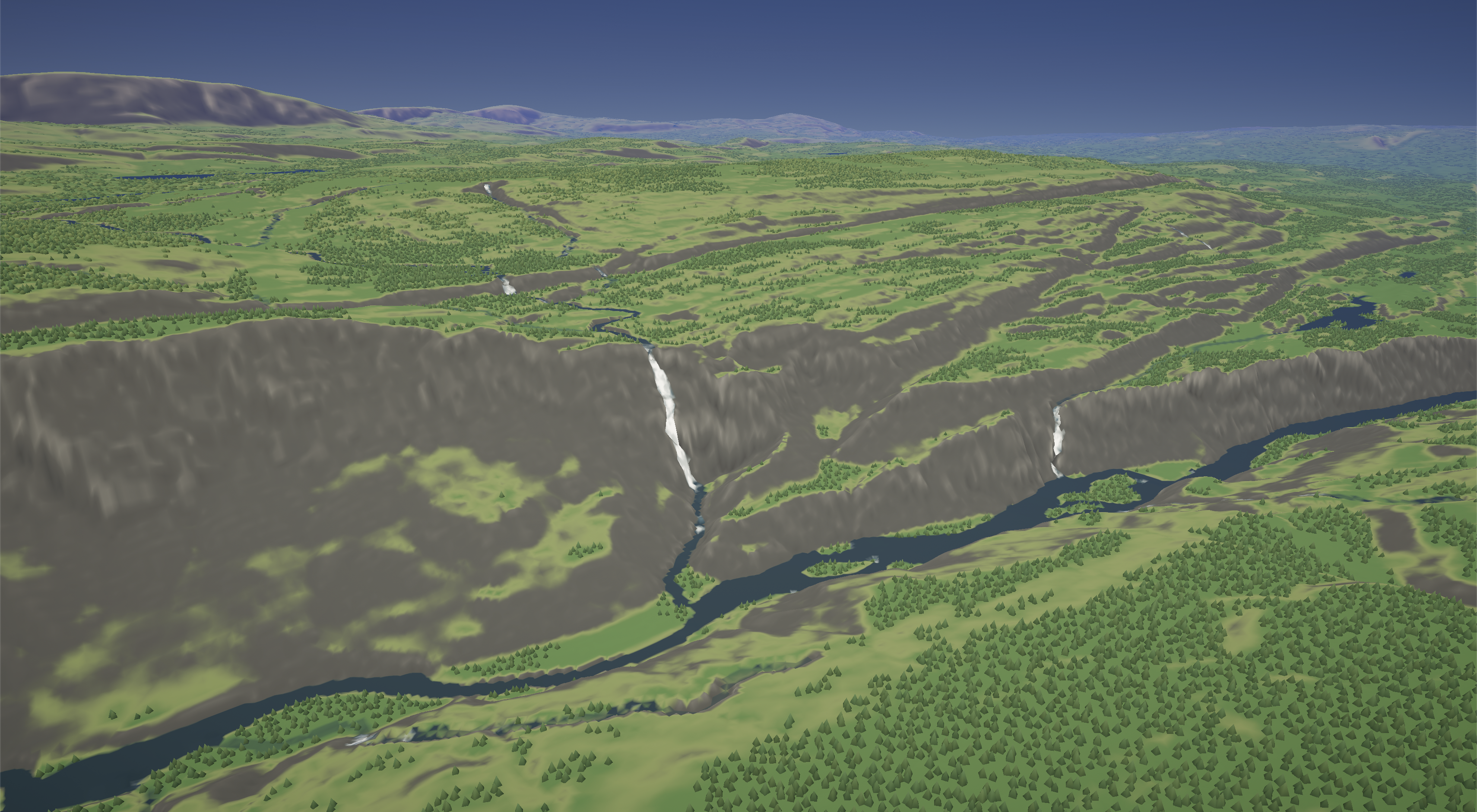 Waterfalls descending into a river canyon between forested Terraform hills